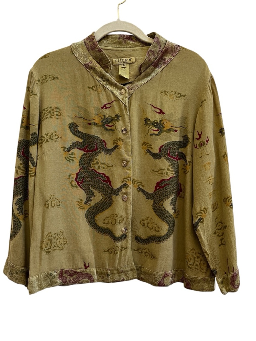 Citron Santa Monica Dragon Print Vintage Blouse Rayon Artsy Boho L Lagenlook